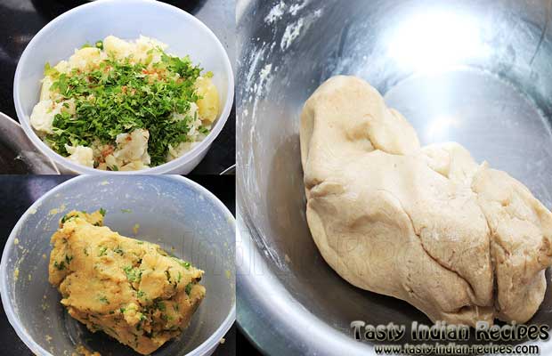 Mash aloo in a bowl and add salt, spices and chopped coriander leaves. Mix well and make a dough. Also make flour dough and keep aside