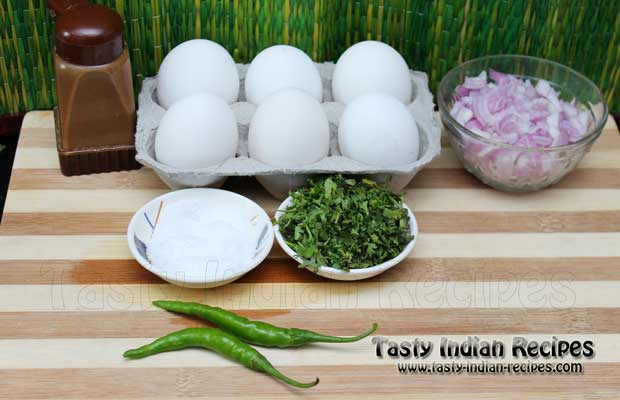 Ingredients require for making Egg Omelette Recipe (Eggs, Chopped onion, salt, green chillies, black pepper powder and chopped coriander)