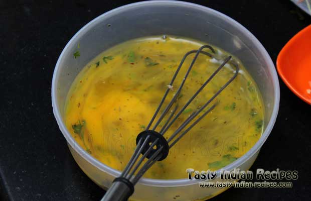 Whisk the eggs thoroughly and mix all the ingredients very well in it