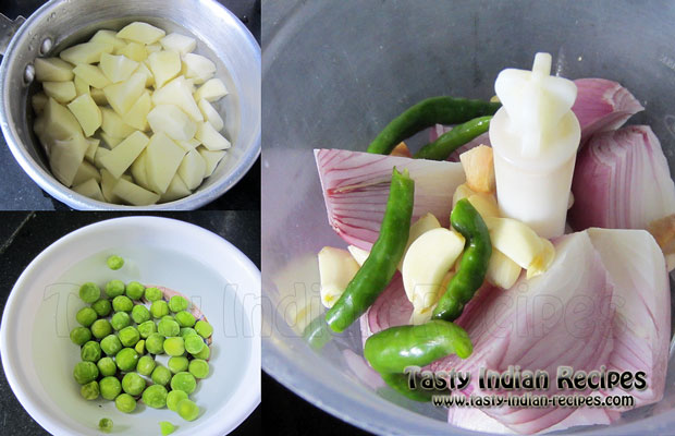 Chop the Potatoes in cubes, keep green peas in water and put the onion, ginger, garlic and green chillies in a chopper.
