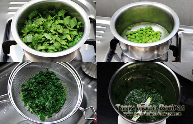 Boil the Spinach and Green peas separately. Drain the spinach and blend into a smooth puree