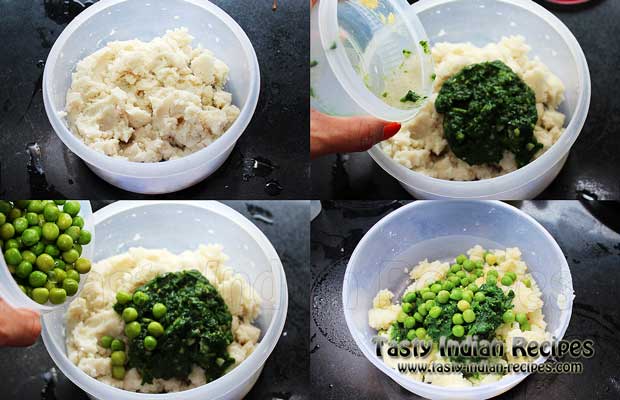 Mash boiled potatoes, add spinach puree along with boiled green peas and mix very well