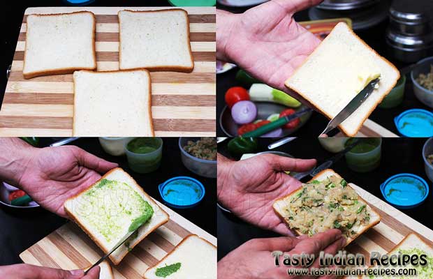 Take 3 bread slices and apply little bit of butter and green chutney on them. Spread good amount of boiled potatoes mixture on one bread slice