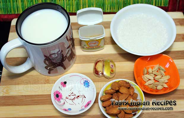 Ingredients require for making Saffron Flavored Almond Milk (Milk, Sugar, Saffron, Almonds, Green Cardamom and Cardamom powder)