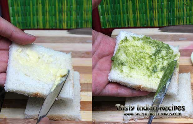 Apply little bit of butter and coriander chuntey on bread slices