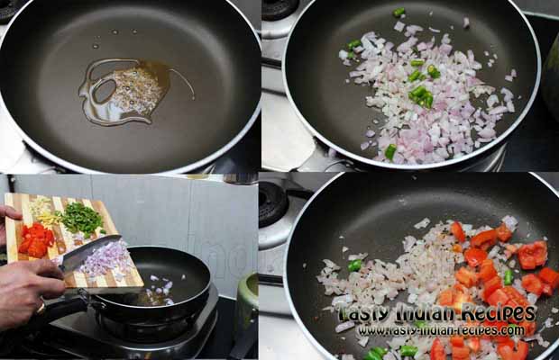 In heating oil add cumin seeds. When the seeds starts spluttering then add chopped onion along with green chillies. Cook over low flame and add chopped tomatoes